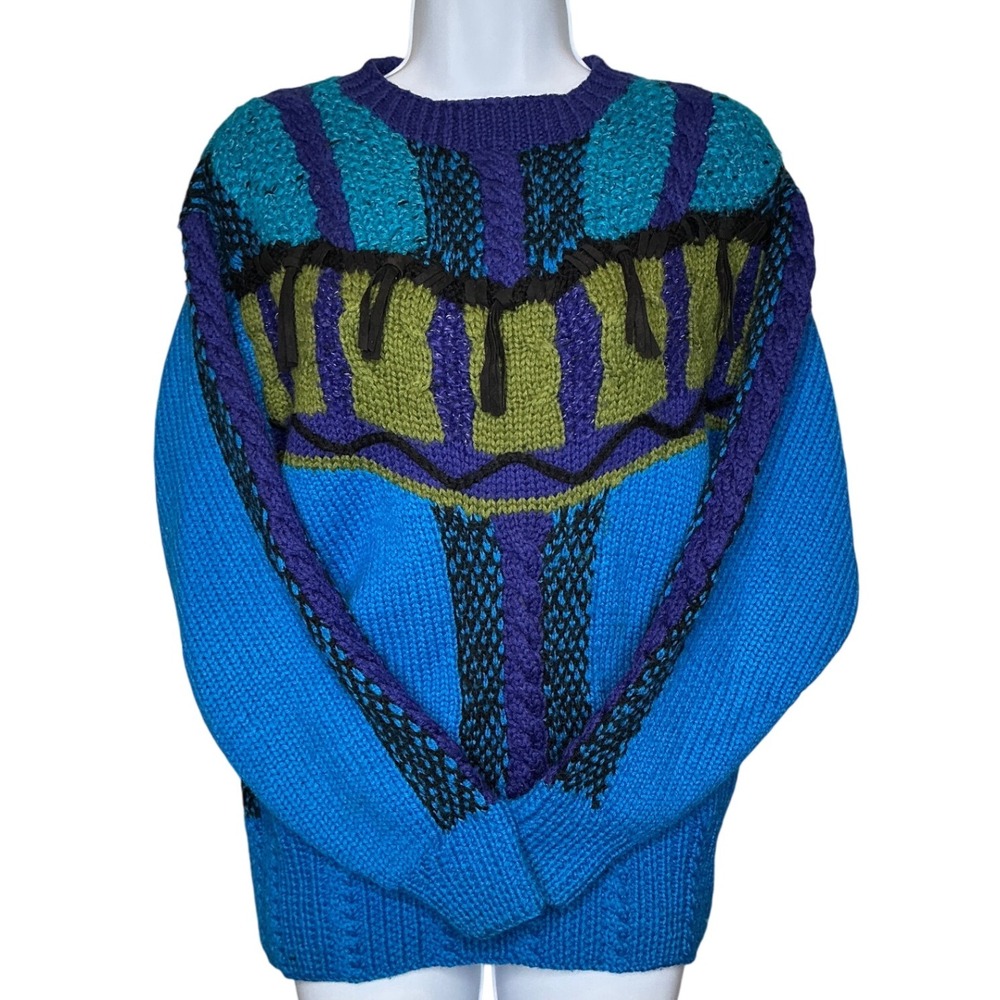 Vintage Novo Womens Hand Knit Crew Neck Sweater Sz M 80's Art To Wear Ecletic